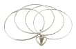 Bracelet - B231 - 4-Pc Bangle Set + Heart Charm (70mm) ~ Silver Tone and Frosty Silver Tone Mix