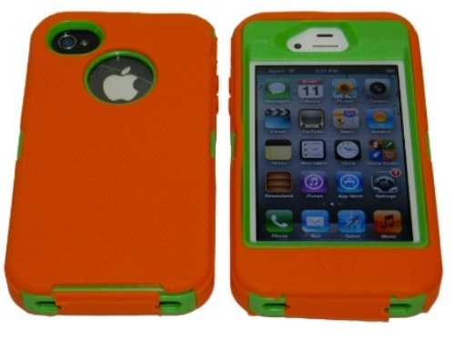 Iphone 4 4S Body Armor Defender - Comparable to Otterbox Defender + 1pc 3ft Data Cable (Orange on Green) by Lucky