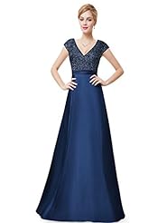 A-line V-neck Natural   Waistline Floor Length Satin Cap Sleeves Sleeveless Sequined Lace Evening Dress 