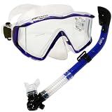 Snorkeling Scuba Dive Side-View Edgeless Mask DRY Snorkel Gear Set - Trans Blue