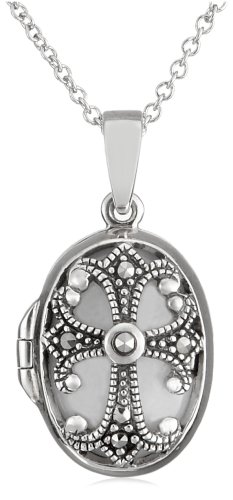 Sterling Silver Marcasite and Mother-of-Pearl Locket, 18″