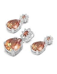 Sterling Silver Tear Drop Champagne CZ Pendant with Earrings Jewelry Set with Clear Cubic Zirconia