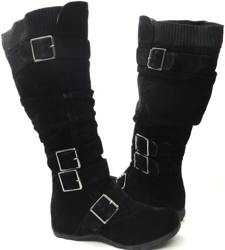 Womens Knee High Faux Suede Flat Winter Buckle Boots Black