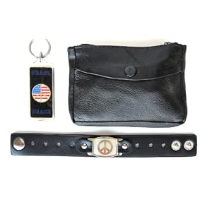 Peace Leather Cuff Band Bracelet Wristband Gift Set with Peace Keyring & Change Pouch