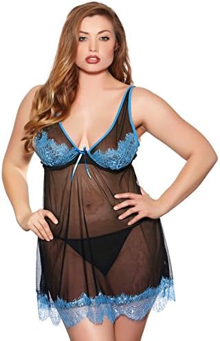 Popsi Lingerie Women's Plus Size Sheer Black Babydoll (1X, Blue)