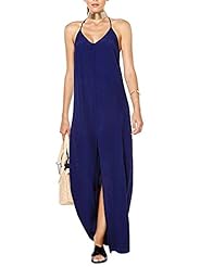 V-neck Open-Back Slit Halter Polyester Plunging Neck Maxi Dress 