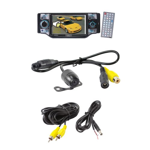 Lanzar Car DVD Player and Pyle Camera Package - SD45MU 4.5'' TFT Touch Screen Monitor with DVD/VCD/USB/MP3/CD Player & AM/FM/RDS Radio - PLCM24IR Universal Mount Rear View Backup Camera