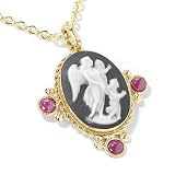 14K Gold 19.25" Black Lava, Porcelain & Ruby Angel & Cupid Dangle Necklace