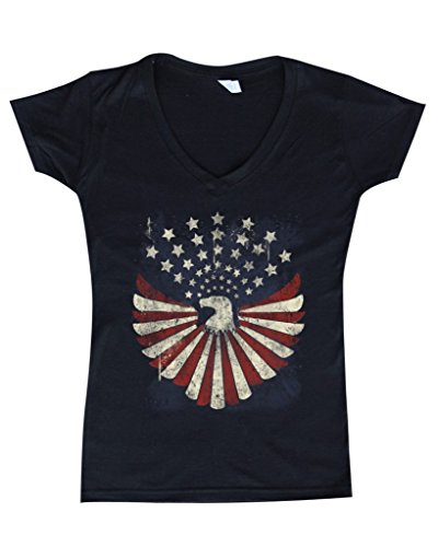 Shop4Ever® USA Flag Bald Eagle Women's V-Neck T-shirt Patriot 4th of July Shirts SLIM FIT