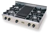 Cyber Monday Five Star: TPN0367S 36'' Pro-Style LP Gas Cooktop with 4 Open Burners, Vari-Flame Simmer on Front Burners and Double Sided Grill/Griddle: Stainless Steel with Brass Package