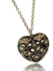 Retro Vintage Oxidized Brass Puffy Heart Necklace witn Amber Crystals - LOOONG 32" Chain