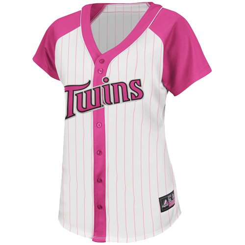 MLB Women's Minnesota Twins Short Sleeve 5 Button Synthetic Replica Baseball Jersey (White & Pink Splash Pinstripes/Pink Splash, Large)