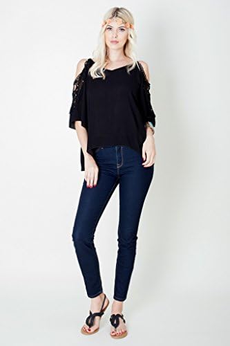 Orange Creek Women's Crochet Cold Shoulder Lace Crinkle Chiffon Blouse Black Large