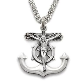 3/4" Sterling Silver Crucifix Necklaces in a Salior Anchor Design on 24" Chain: Jewelry