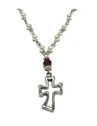 White freshwater pearl and red garnet accent sterling silver croos pendant necklace. 16"
