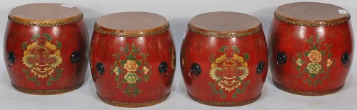 BK0074BY-Small Kettle Drum Stools, Hand-Painted in Tibetan Style, Contemporary, China, Wood (Mu) and