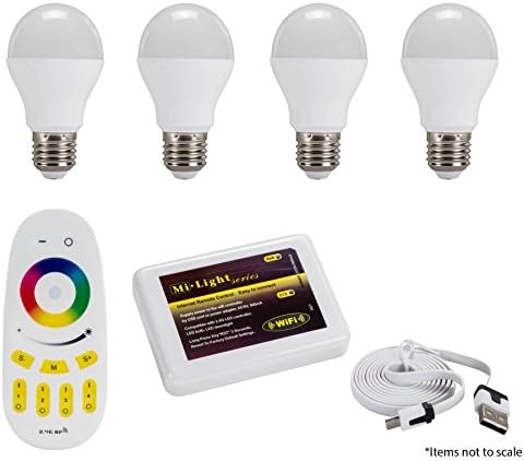 Milight Four Zone Package with Four Milight RGBW Warm White LED Bulbs Four Zone Remote and WiFi Controller