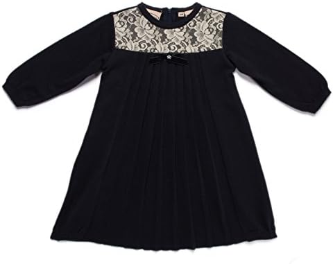 Girl's Knit Party Dress - Fancy Sweater Dress in Navy with White Lace and Velvet Bow, 2T
