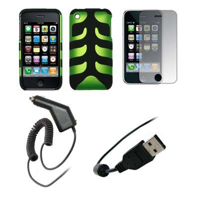 Premium Neon Green and Black Fishbone Design Rubberized Snap-On Cover Hard Case Cell Phone Protector + Crystal Clear LCD Screen Protector + Rapid Car Charger + USB Data Charge Sync Cable for Apple iPhone 3G - 3GS [Accessory Export Packaging]