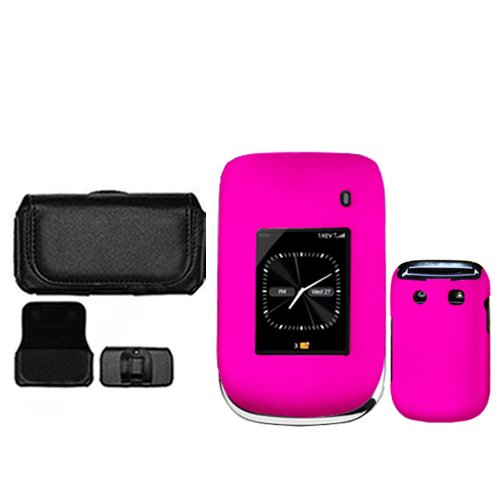 iNcido Brand Blackberry Style 9670 Combo Rubber Feel Hot Pink Protective Case Faceplate Cover + Black Horizontal Leather Pouch for Blackberry Style 9670