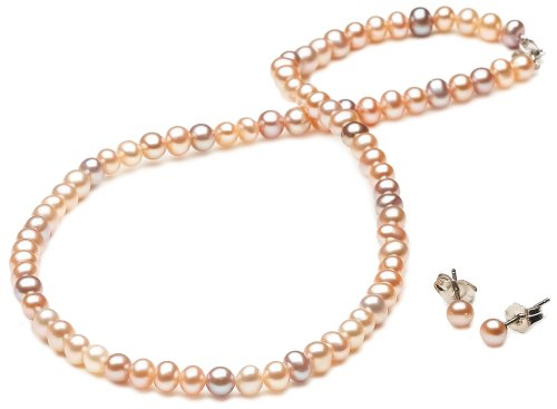 Sterling Silver Multi-Color Freshwater Cultured Pearl 4.4.5mm Children's Necklace and Earring Set, 13