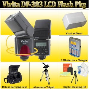 Vivitar DF-383 Dedicated TTL E-TTL E-TTL II LCD Flash + Flash Diffuser + 4 AA Batteries + Battery Charger + Soft Carrying Case + Aluminum Tripod & More FoR THE CANON EOS 5D MARK II, 7d, 50d, 20D, 30D, 40D Digital SLR Cameras