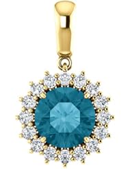 18K Yellow Gold 8.00mm Round Cut London Blue Topaz and Diamond Pendant -- LIFETIME WARRANTY