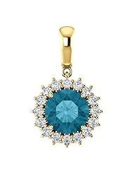 14K Yellow Gold 8.00mm Round Cut London Blue Topaz and Diamond Pendant -- LIFETIME WARRANTY