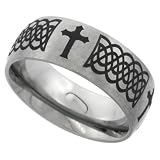 Titanium 8mm Dome Wedding Band Ring Laser Etched Black Passion Cross Celtic Knots Matte Finish Comfort-fit, size7.5