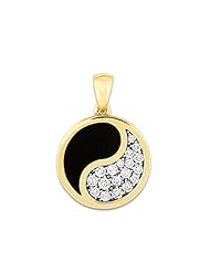 Black Coral Yin Yang Pendant with Diamonds in 14K Yellow Gold - 18.5mm