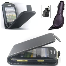 Black Flip Leather Case Cover & Crystal Clear Screen Protector & Car Charger for Samsung Galaxy Mini S5570