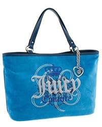 Juicy Couture Velour Jeweled Heart Charm Shopper Bag Purse Tote Heather Cyan Blue