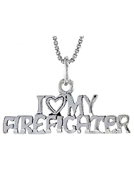 Sterling Silver I LOVE MY FIREFIGHTER Word Necklace, w/ 18 inch Box Chain