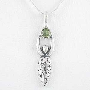 Celestial Lunar Goddess Pendant in Sterling Silver with Peridot Gemstone Moon, Swirls and Stars on an 18" Snake Chain, #8689