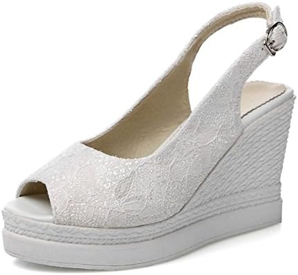 XRU Women's white platform wedges pumps ankle strap elegant open toe slingback canvas sandals White