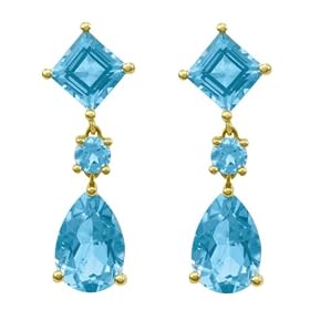 14k Yellow Gold Blue Topaz Pear and Square Dangle Earrings by