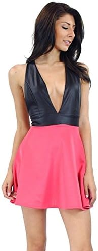 Janestore Fashion Style Creek Faux Leather Suspender Look Straps Deep Plunging Skater Dress Skirt
