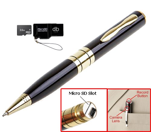 Mini DVR Video Pen - Gold-accented Executive Pen w/Micro SD Slot Expandable to 8gb, Captures High Res Photos and Video w/Sound. Includes 2gb Card + DBROTH Card Reader