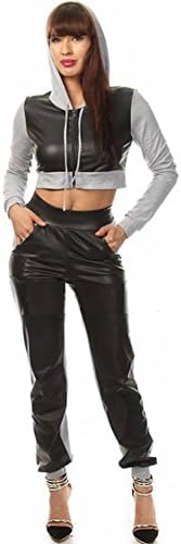 Faux Leather Insert Crop Top Hoodie and Jogger Pants Set (Small, Gray)