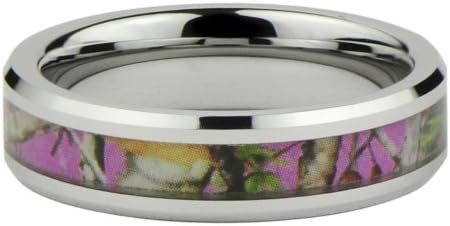 Women's Camo Hunting Camouflage Wedding Band Pink/Rose/Green 6mm Tungsten Carbide Rings (4.5)