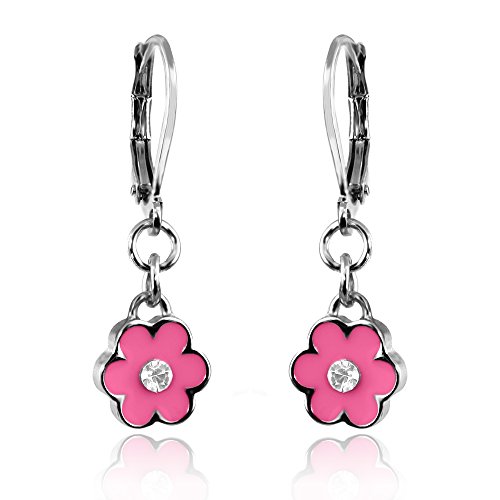 Girls Enamel Flower & Crystal Earrings Rhodium Plated Dangle Earrings Fashion Jewelry for Girls