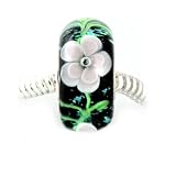 White Tahitian Flower Murano Bead, Quality 925 Sterling Silver Full Core Lampwork Bead, Compatible with Pandora, Biagi, Troll & European Bracelets