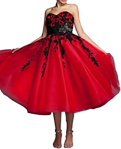 Newpeach Women's Red Black Lace Strapless Sweetheart Tulle Ball Gown Prom Gown 16