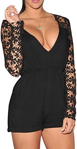 ZLM Women's Sexy Fashion Deep V Lace Splice Short Pleated Jumpsuits Black