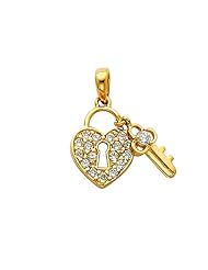 14K Yellow Gold CZ Cubic Zirconia Small Heart Lock & Key Charm Pendant
