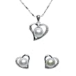 Cursive Heart Shaped Cultured Pearl Platinum Overlay Sterling Silver Pendant Necklace and Stud Earrings