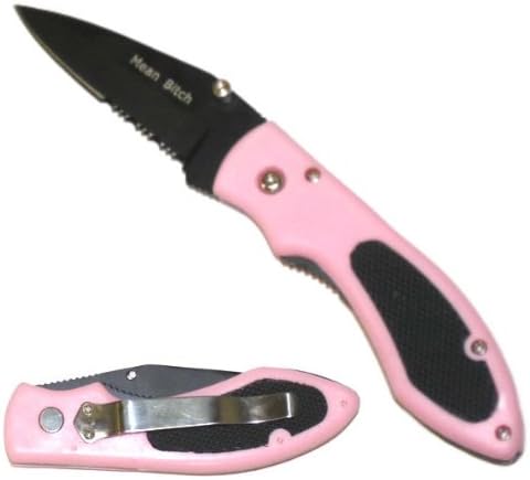 Pink "Mean Bitch" Pocket Knife One Hand Opening - Locking Blade - Metal Clip on Back Open Length: 7-1/4" Closed Length: 3" Blade Length: 2-3/4" Blade Black Finished Stainless Steel, "Mean Bitch" Printed on Front Side of Blade Handle Material: Pink ABS Plastic, with Black Rubber Inserts on Both Sides