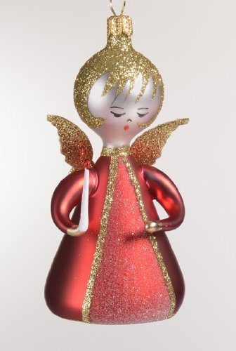 De Carlini Red Angel with Candle Italian Mouthblown Christmas Ornament