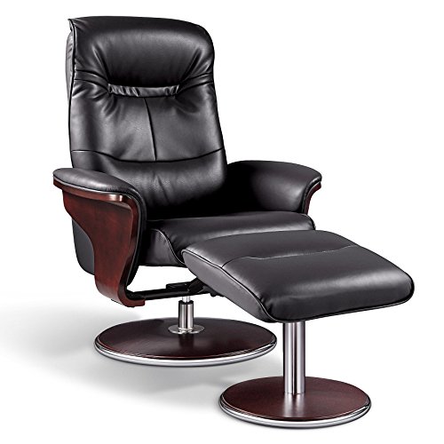 Artiva USA A05393BK Milano Modern Bend Wood Leather Swivel Recliner with Ottoman, Black