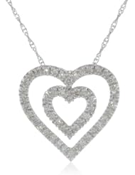 XPY 10k White Gold Double Row Diamond Heart Pendant Necklace (.15cttw, I-J Color, I2-I3 Clarity), 18"